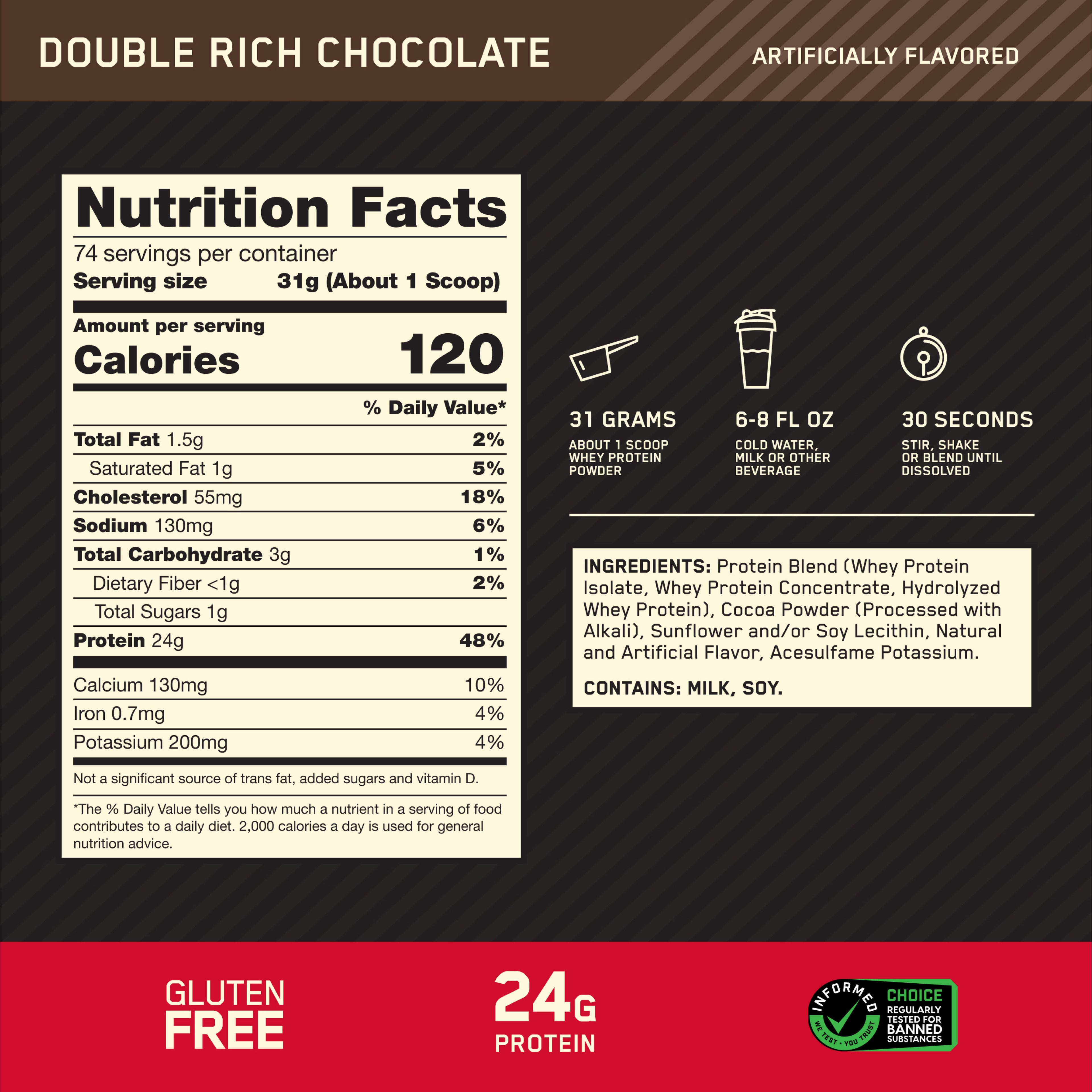 Optimum Nutrition Gold Standard 100% Whey Protein Powder, Double Rich Chocolate, 5 Pound