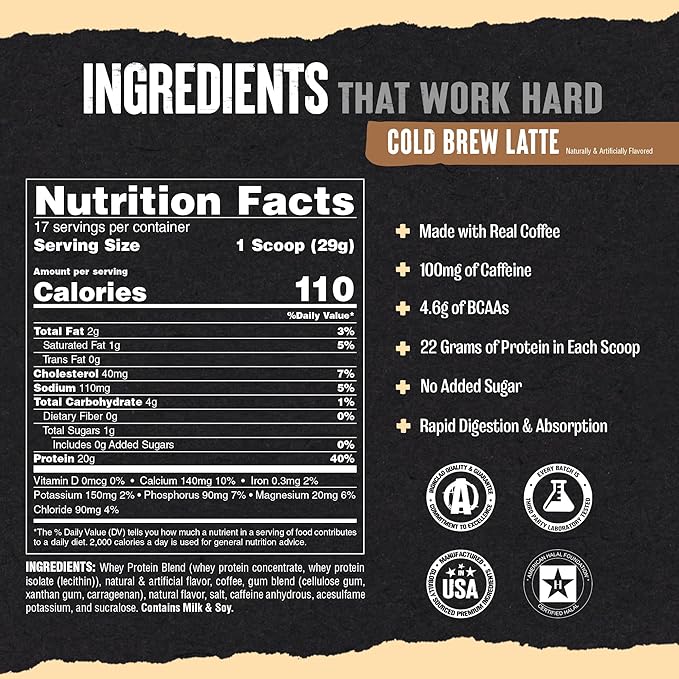 Animal 100% Whey Protein Powder Instant Iced Coffee -Cold Brew Latte, 1 lb