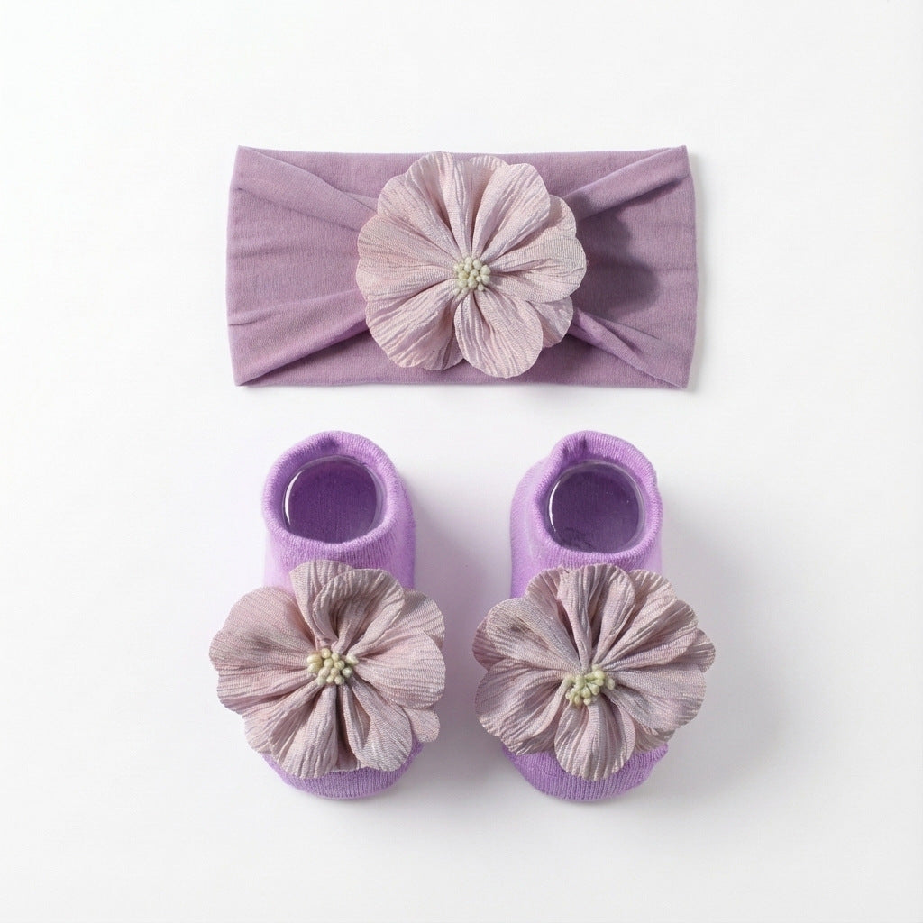 Baby Flower Headband & Socks Set – Soft Floral Newborn Hair Band and Baby Socks 2-Piece Outfit